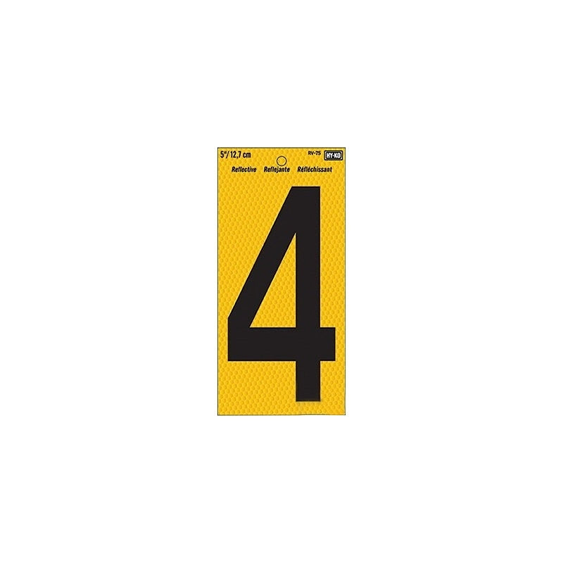 Hy-Ko RV-75 Series RV-75/4 Self-Adhesive Reflective Number, Character: 4, 5 in H Character, Black Character, Vinyl, Pack of 10