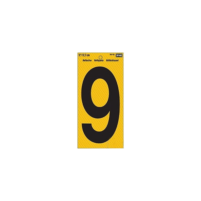 Hy-Ko RV-75 Series RV-75/9 Self-Adhesive Reflective Number, Character: 9, 5 in H Character, Black Character, Vinyl, Pack of 10