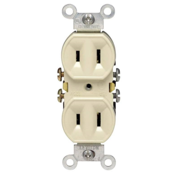 Leviton 006-00223-00I Duplex Receptacle, 2 -Pole, 15 A, 125 V, Side Wiring, NEMA: 5-15R, Ivory