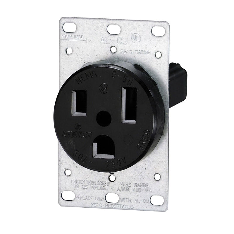 Leviton R10-05374-S00 Electrical Receptacle, Flush Mounting, 2-Pole, 125/250 V, 50 A, NEMA: NEMA 6-50R, Black