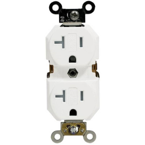 Leviton R57-TWR20-00W Duplex Receptacle, Thermoplastic, White, 2-Pole, 20 A, 125 V, Side Wiring, NEMA: 5-20R, 60 Hz
