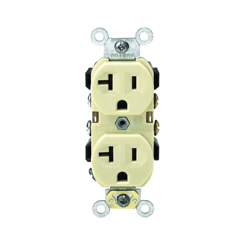 Leviton S01-0BR20-0IS Duplex Receptacle, Nylon, Ivory, 2-Pole, 20 A, 125 V, Back, Side Wiring, NEMA: 5-20R