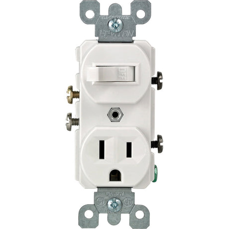 Leviton S02-05225-0WS Combination Switch/Receptacle, 1-Pole, 15 A, 120 V Switch, 125 V Receptacle, White, 1-Pole