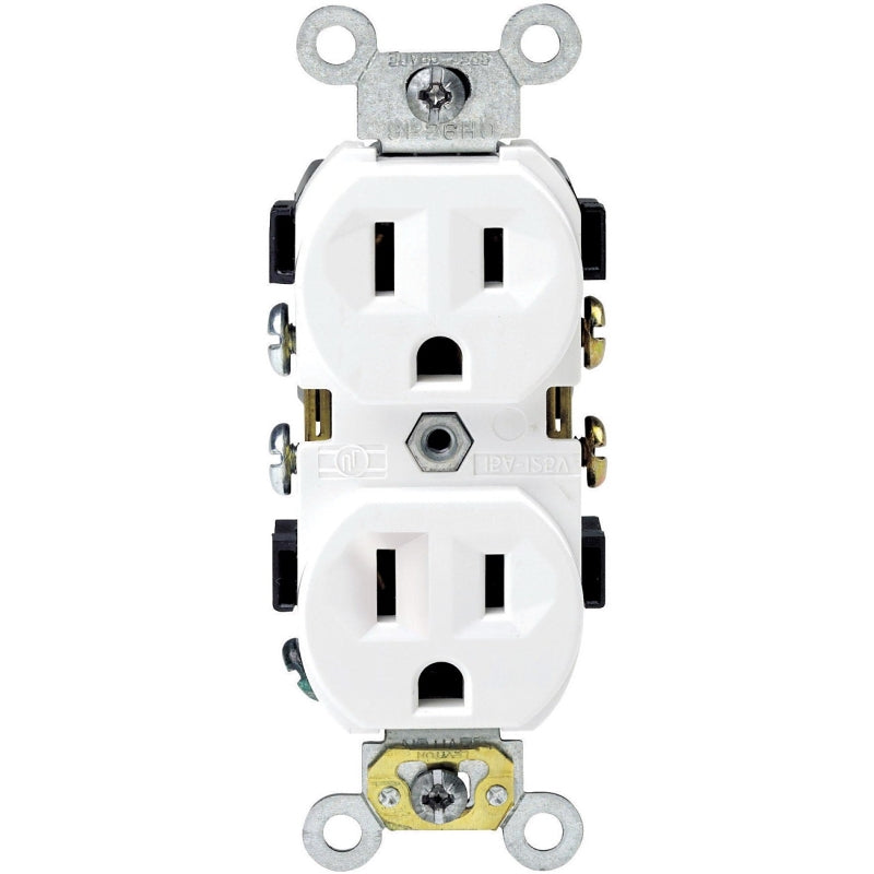 Leviton S02-0BR15-0WS Duplex Receptacle, Nylon, White, 2-Pole, 125 V, Back, Side Wiring, NEMA: 5-15R, Wall Mounting