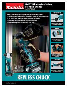 Makita XAD02Z Angle Drill, Tool Only, 18 V, 3/8 in Chuck, Keyless Chuck