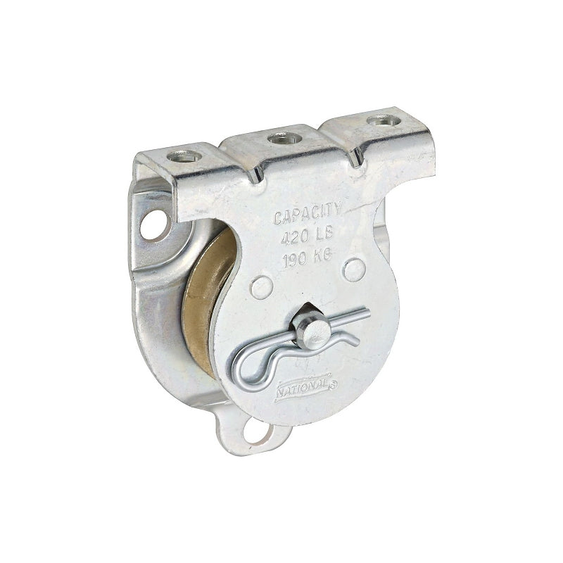 National Hardware N233-247 Pulley, Single, 3/8 in Rope, 420 lb Working Load, 1-1/2 in Sheave, Zinc