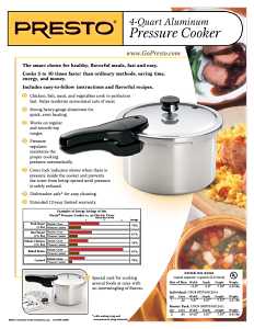 Presto 01241 Pressure Cooker, 4 qt Capacity, 9.81 in Dia, Aluminum