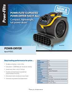 Powr-Flite PDS1 Power Dryer, 120 V, 3800 fpm Air, Co-Polymer/Polypropylene, Black