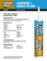 Liquid Nails LN-150 Adhesive Caulk, Bright White, 40 to 100 deg F, 10.1 oz Cartridge