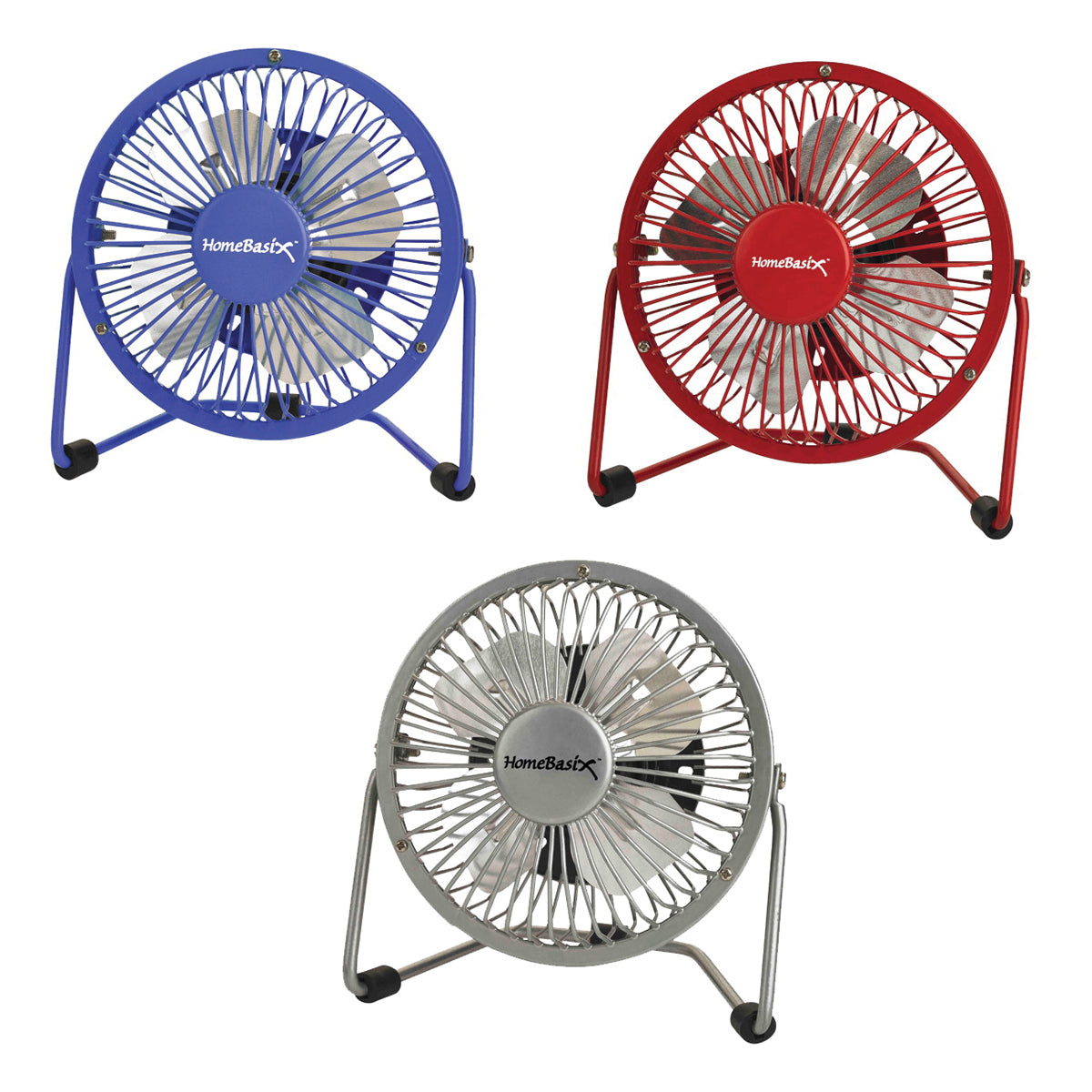 PowerZone FE-20 Personal Fan, 120 VAC, 4 in Dia Blade, 4 -Blade, 1 -Speed, 360 deg Rotating, Blue/Red/Silver