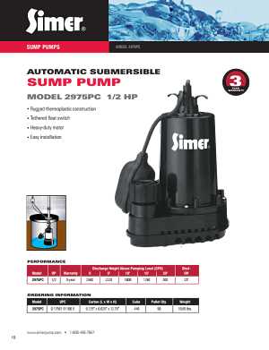 Simer 2165 Sump Pump, 1-Phase, 4.1 A, 115 V, 0.5 hp, 1-1/2 in Outlet, 22 ft Max Lift Head, 960 gph