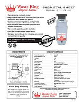 Waste King Legend Series L-111 Garbage Disposer, 1/3 hp Motor, 115 V, Stainless Steel
