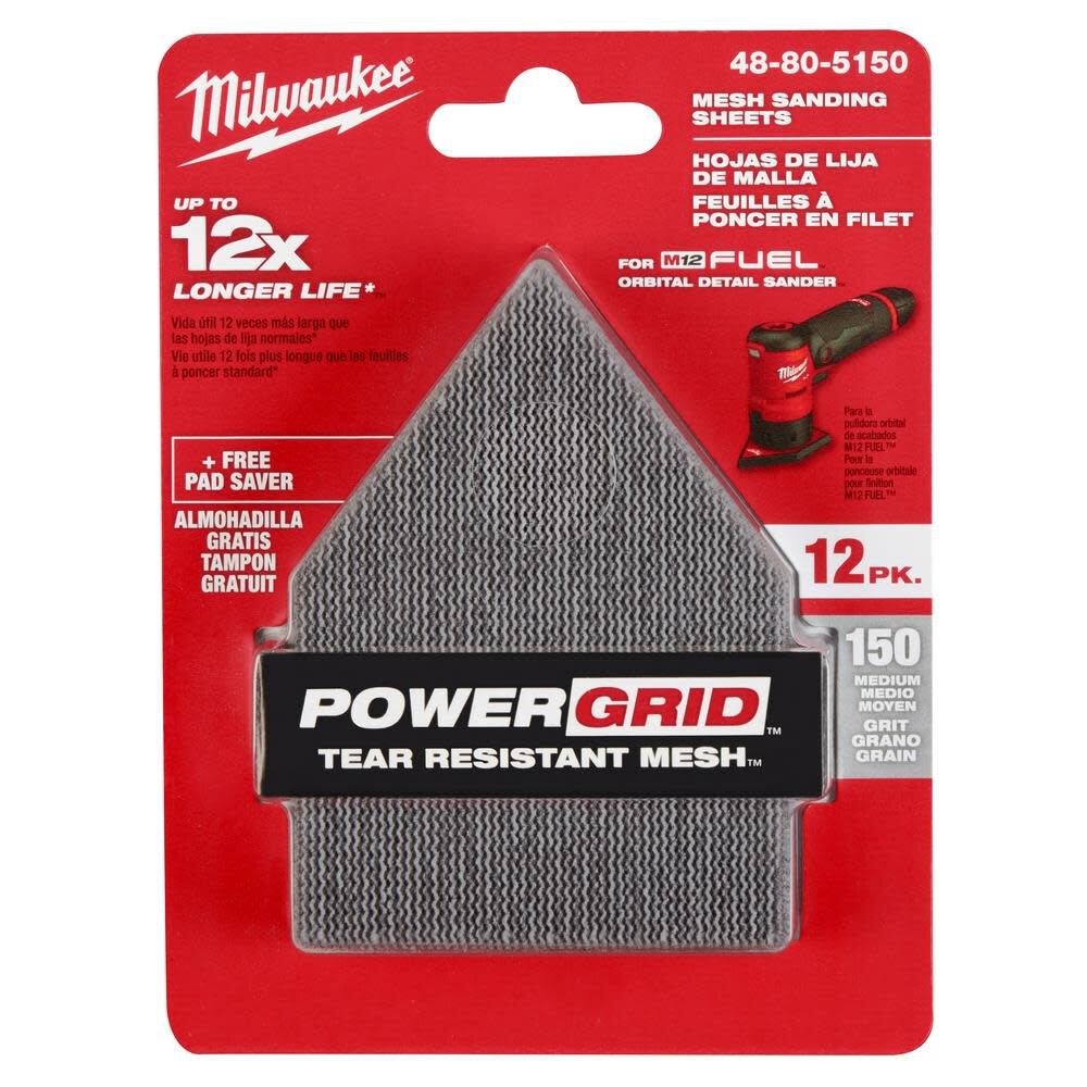Milwaukee 48-80-5150 Mesh Sanding Sheet, 3-5/8 in W, 3-3/4 in L, 150 Grit, Medium, Aluminum Oxide Abrasive, Pack of 3