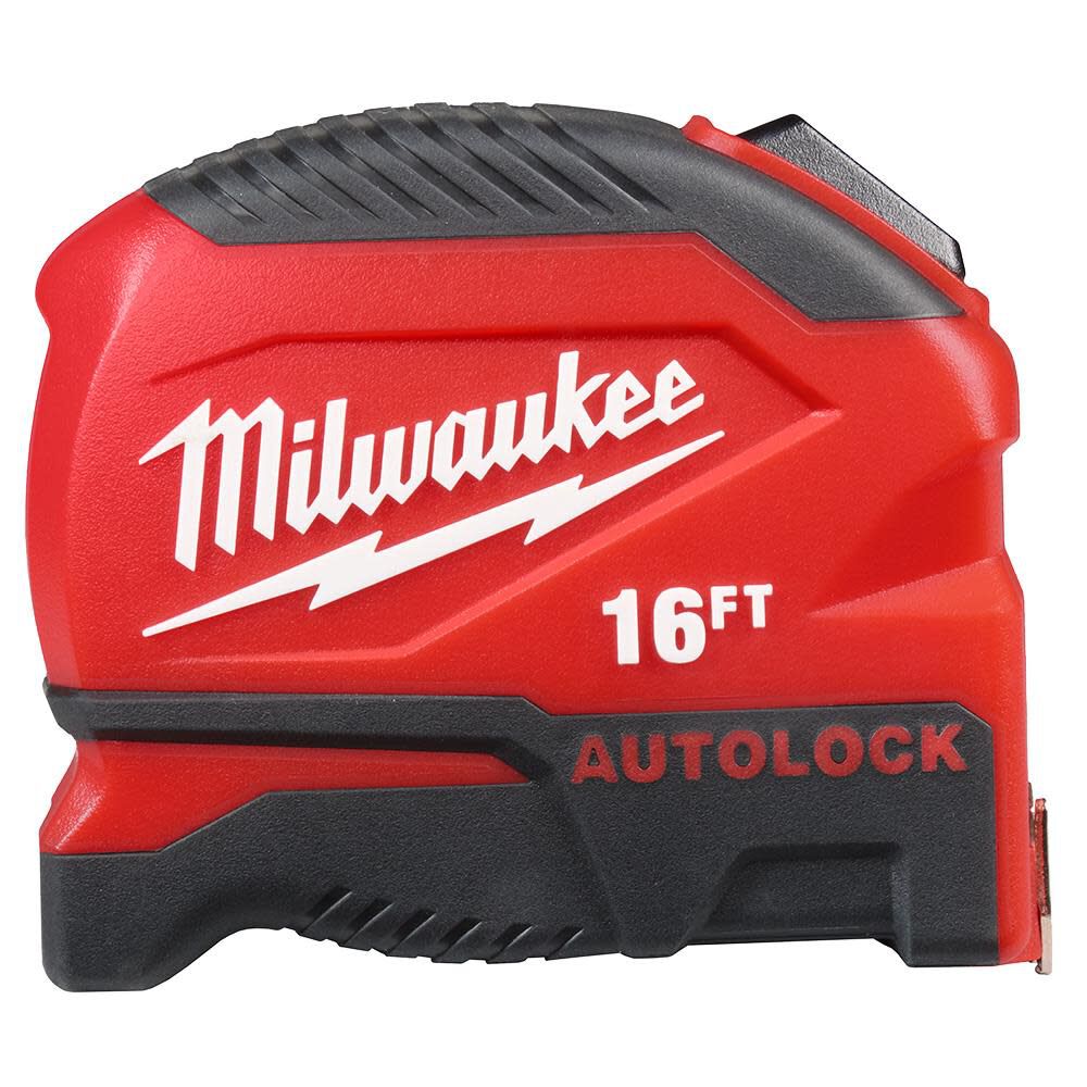 Milwaukee 48-22-1816 Auto-Lock Tape Measure, 16 ft L Blade, 1 in W Blade, Steel Blade, ABS Case, Black/Red Case