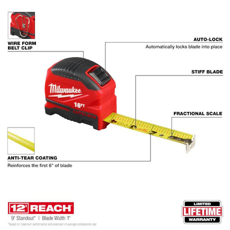 Milwaukee 48-22-1816 Auto-Lock Tape Measure, 16 ft L Blade, 1 in W Blade, Steel Blade, ABS Case, Black/Red Case