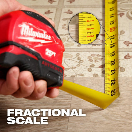 Milwaukee 48-22-1816 Auto-Lock Tape Measure, 16 ft L Blade, 1 in W Blade, Steel Blade, ABS Case, Black/Red Case